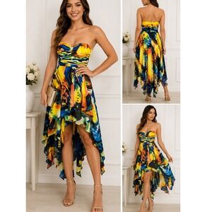 Y2K Fairy Arden B XS Strapless High Low Dress Abstract Print Handkerchief Hem